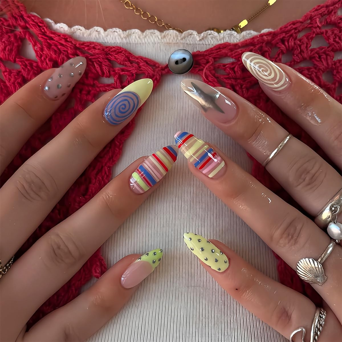 Almond Press on Nails Colorful Fake Nails Medium Summer Y2K False Nails with Str