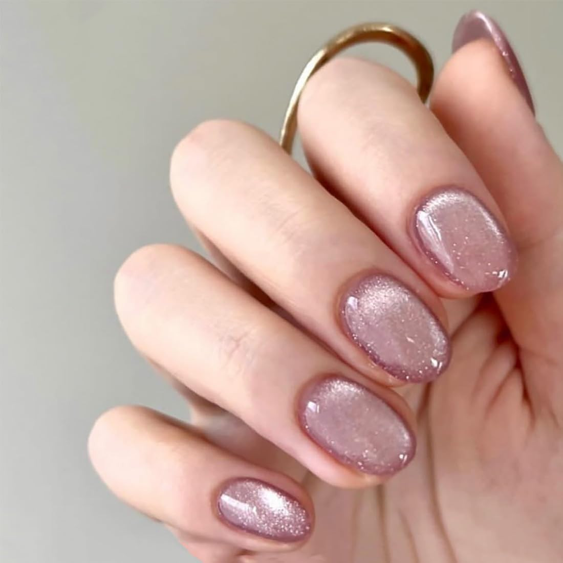 Pink Press on Nails Short Oval Cat Eye Fake Nails with Glitter Designs | Fantasy