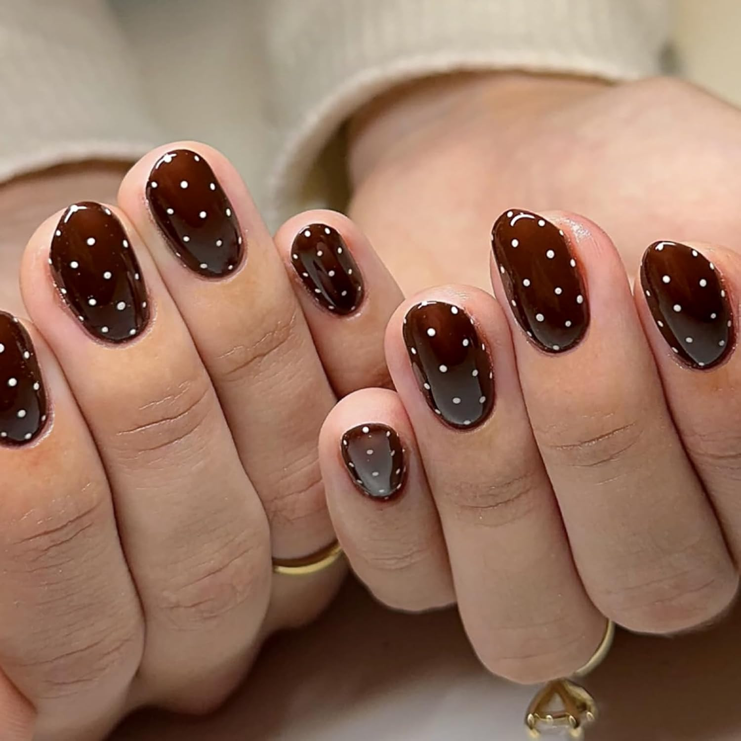 Dark Brown Red Polka Dot Press on Nails Short Oval, 24Pcs Glossy Fall Winter Glu