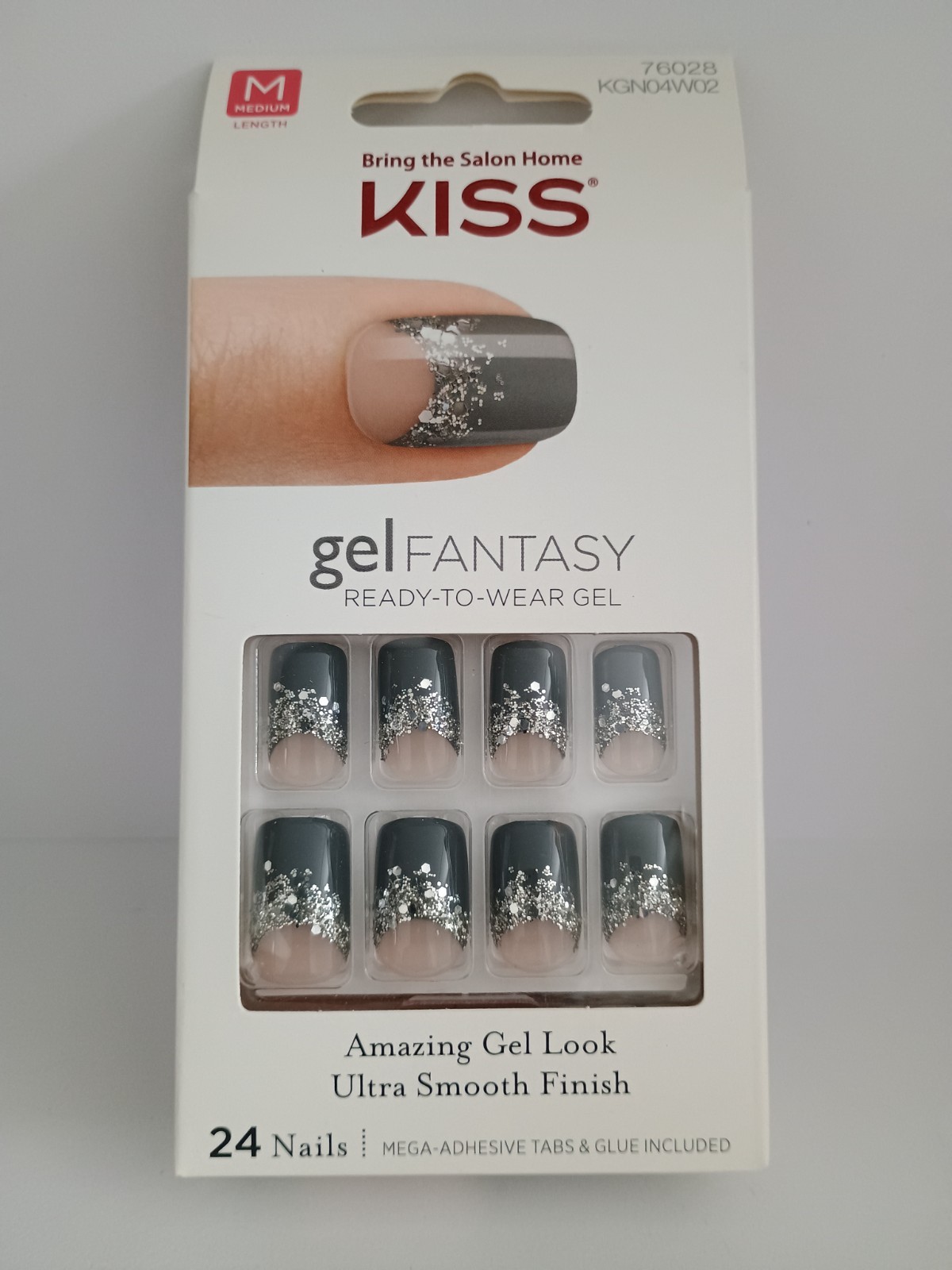 Kiss Gel Fantasy Medium Length Glue-on False Nails – Gray French Glitter