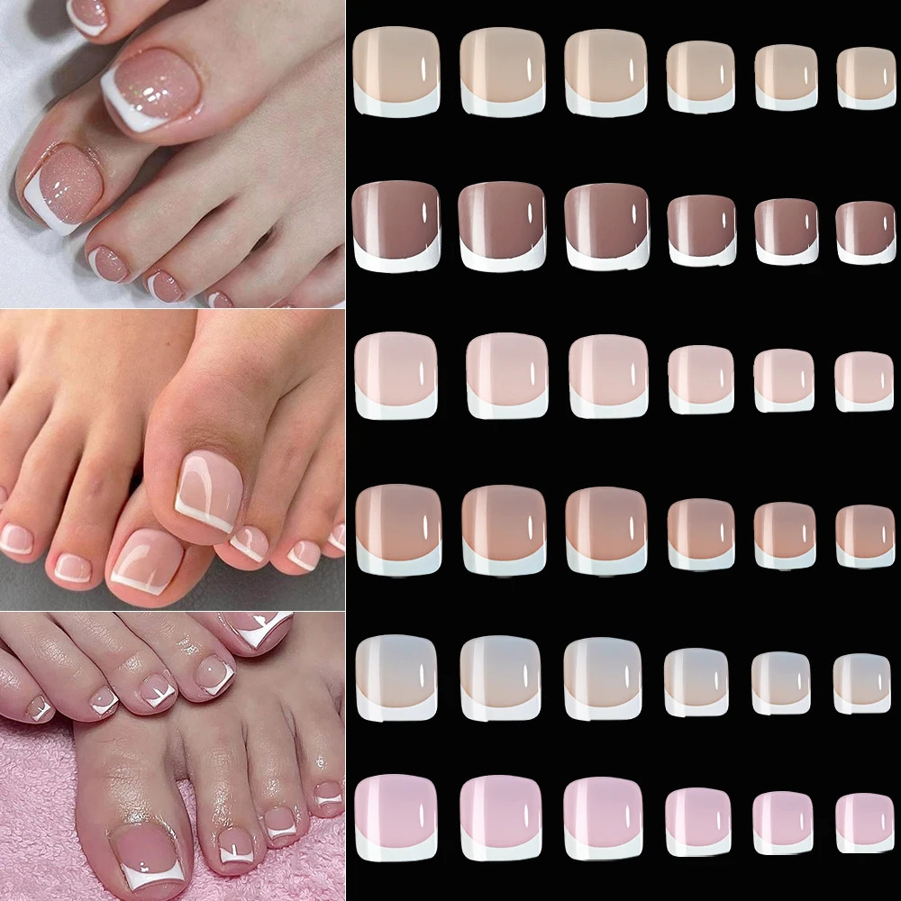 120pcs Press On Toenails Pink French Tip Short Square Glossy Finish False Foot