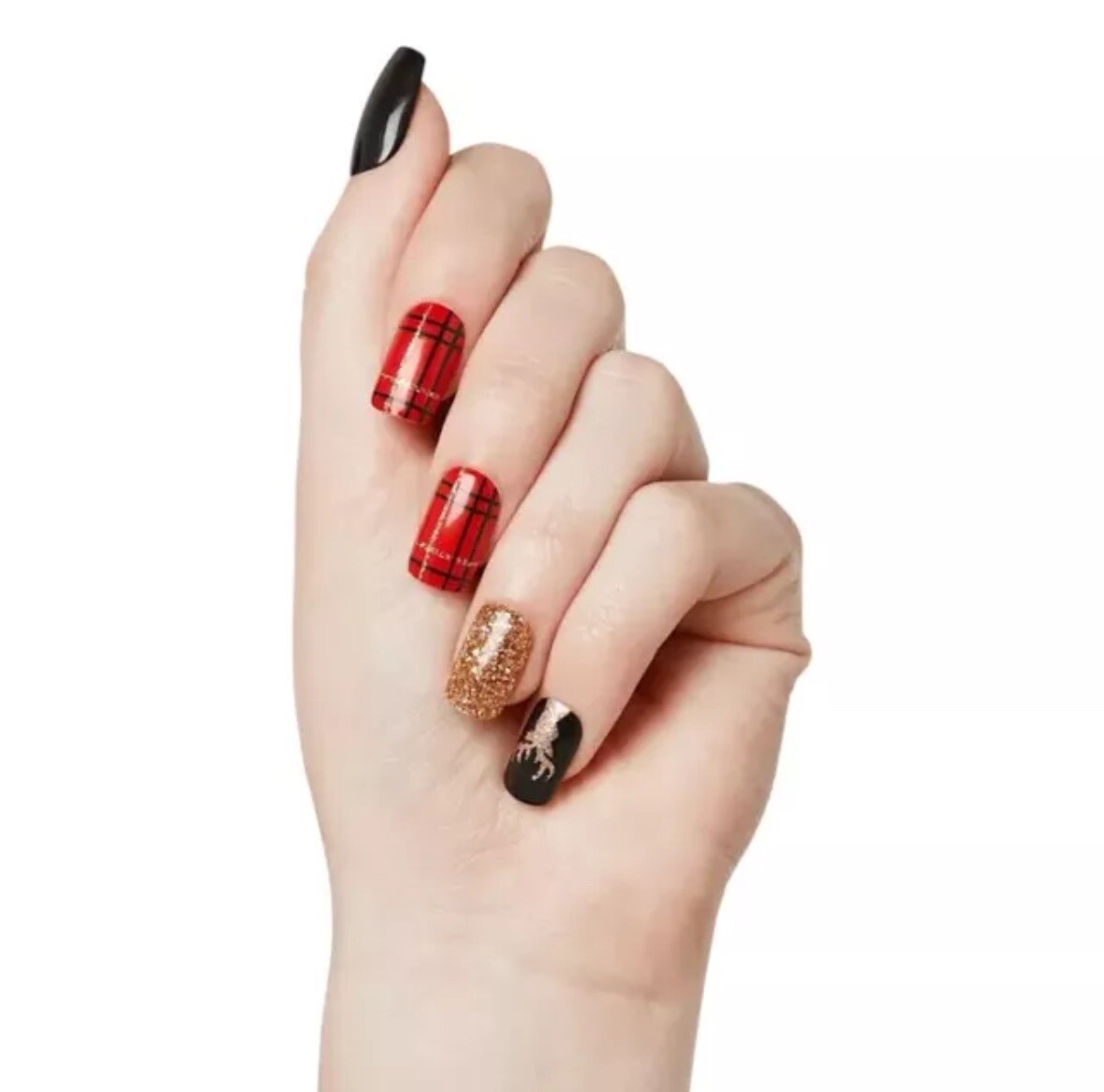 KISS VOGUISH Fantasy Medium Length Glue-On Plaid Glitter Holiday Nails New x1