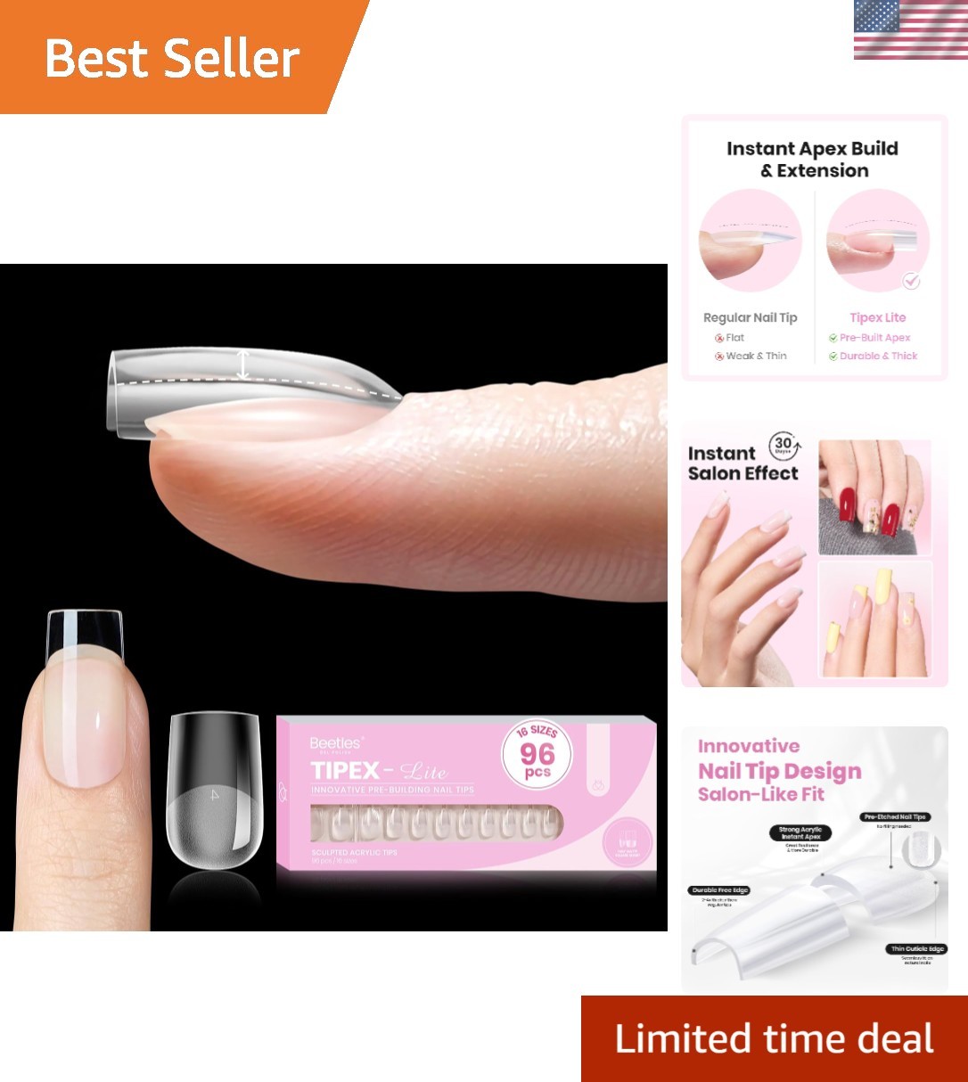 Beetles Tipex Lite Instant Apex Nail Tips, Short Square, 16 Sizes | 00–14, Built
