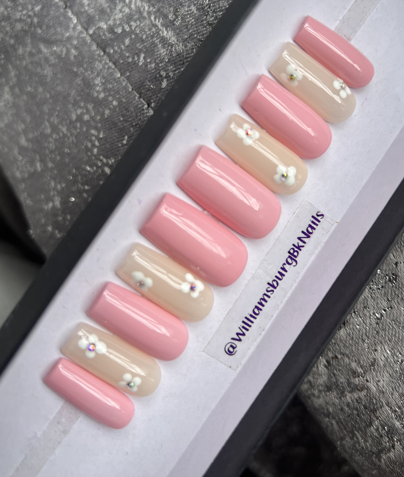 🔥CUSTOM Gel Press On False Nails, PINK W FLOWERS BLING, NEW 10p Set Med Square