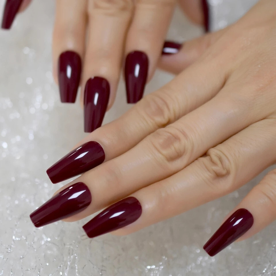 24 Press on nails kit w glue Long Coffin Maroon burgundy dark red