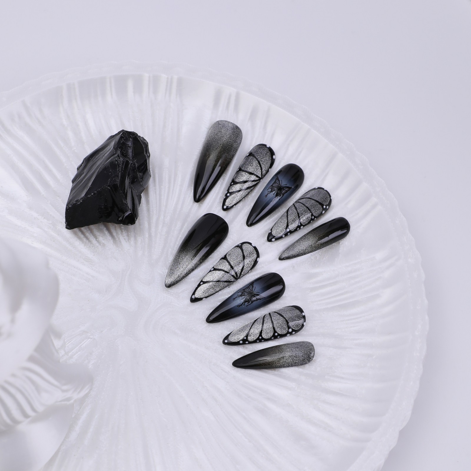 Press On Nails Long Stiletto Black Silver Butterfly Wing Glitter Gothic Nail Set