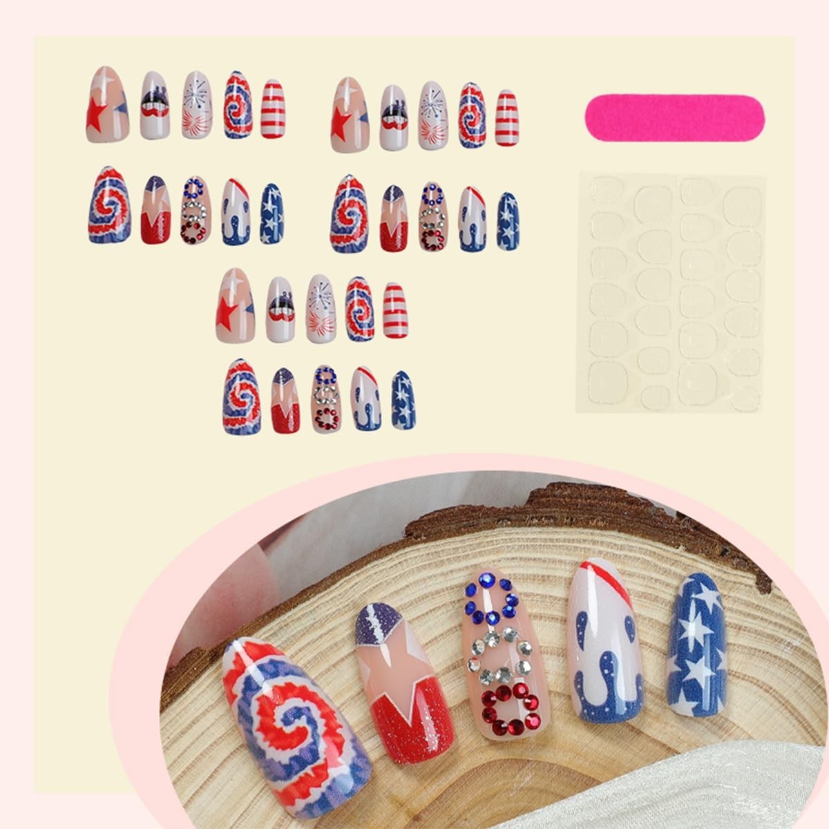 Unique 4th of July Acrylic Nails Full Cover with Star and Fireworks Design