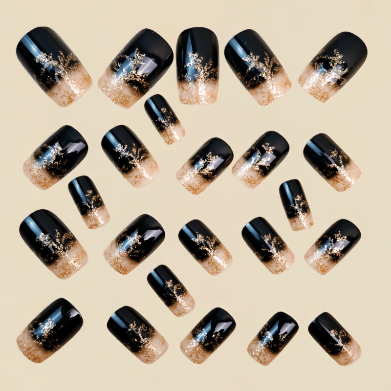 48 Pcs of Black Gold-plated Twisted Branch Fake Nails – Removable Fake Nail Art