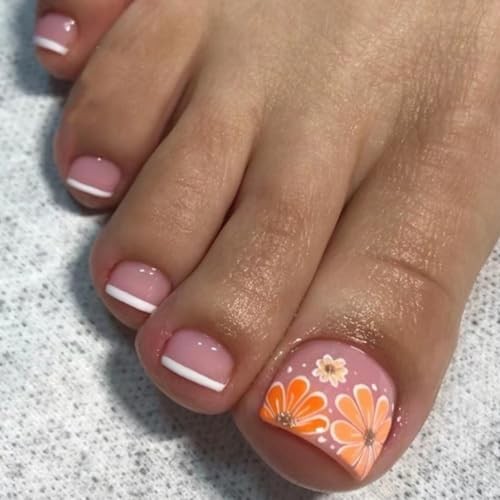 Flower Press on Toenails Square Fake Toenails White French Tip Short Style-8