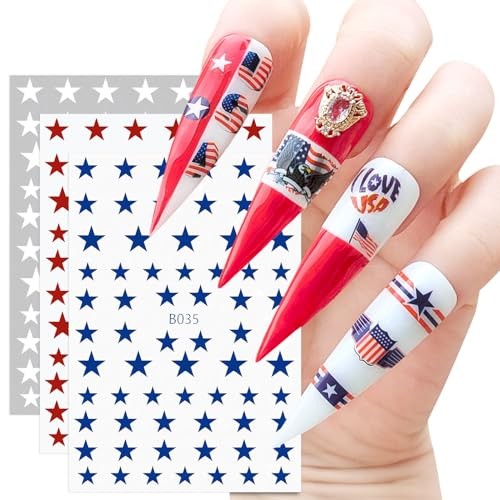 9 Sheets Star Nail Stickers 4th of July Nail Stickers, Red White and Blue 3D