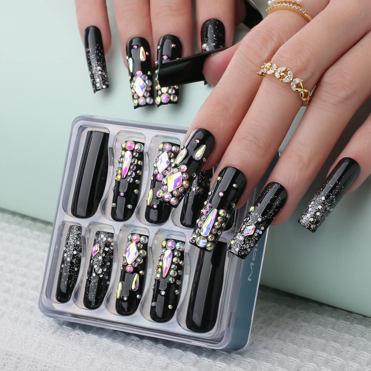 Comfortable Long Square Black Glitter Nails – Effortless Glam for Every Occasion