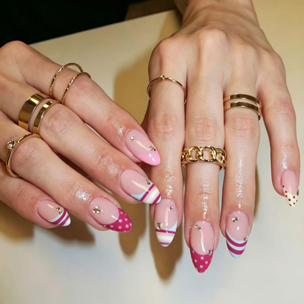 30Pcs Summer Colorful Press on Nails Short Almond Fake Nails with 3D Cartoon Eye