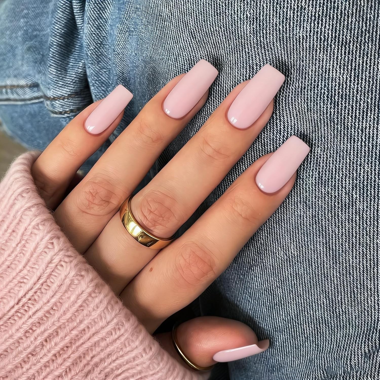 KQueenest Pastel Pink Press On Nails, Glossy Sheer Acrylic Nails for Women