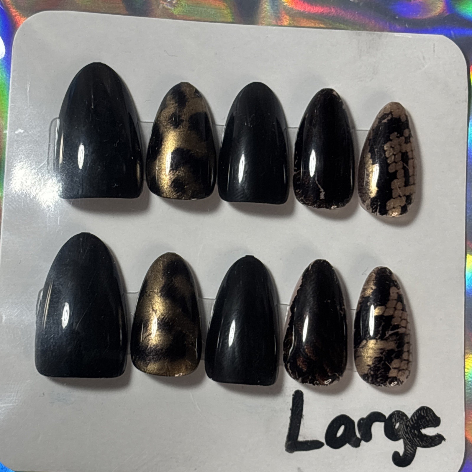 Press-On Nails Almond-Shaped Black&Brown Animal Print Sz Large
