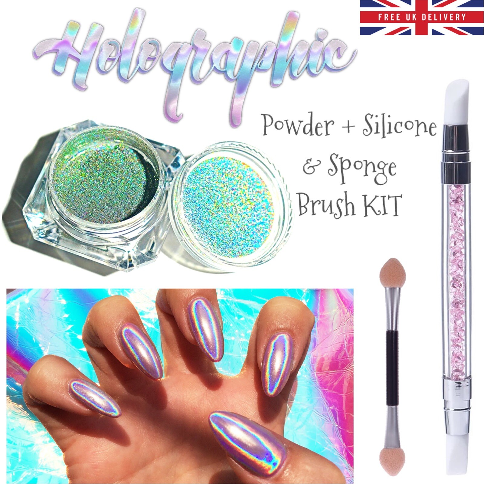 Nail Chrome Powder Rainbow Holographic KIT 15um Super Fine + Silicone Brush DIY