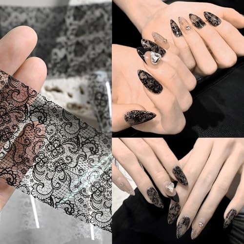 Lace Nail Foil Sheets, 10 Rolls Black White Flower Nail Foils Transfer Lace01