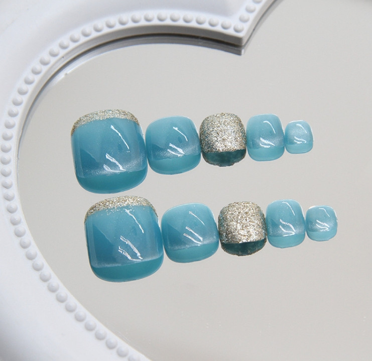 Detachable Toe Glue-On Fake Nail Glitter Gold Blue Color Gradient Pedciure 24pcs