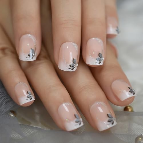 Press on Nails – Shiny Short Flower Glitter Deco Ombre False Nails | UV L5431