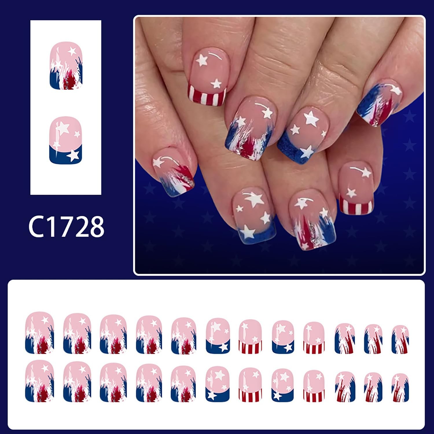 4th of July Press on Nails Short Square, French Tip Fake Nails Red White Blue…
