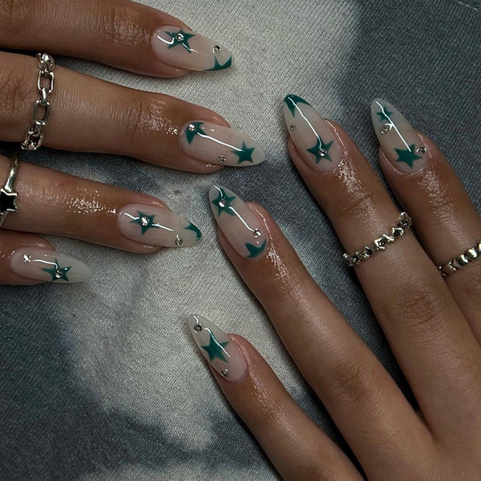 White Almond Press On Nail with Green Star Printed Rhinestone,Daily False Nail