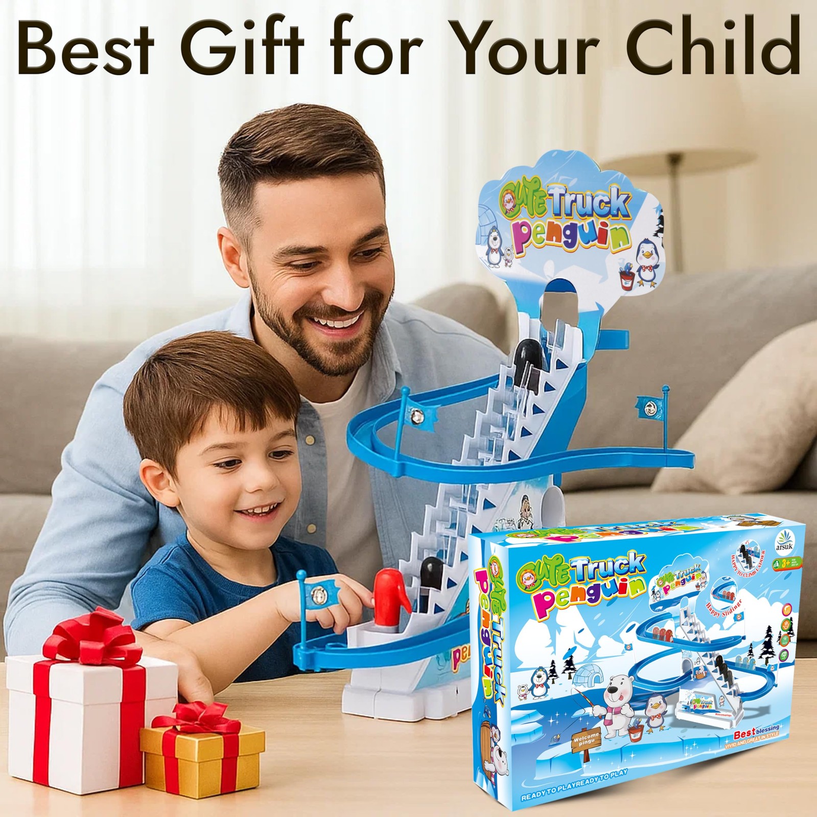 ARSUK Penguin Race Game Toy Playful Musical 12.75 x 9.12 x 3 inches, Blue
