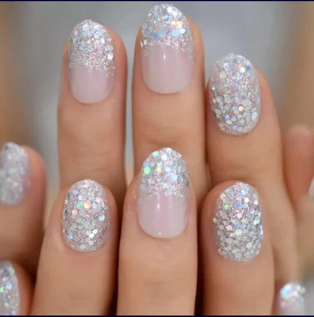 24 Short Press on nails kit w glue ombre glitter pink almond