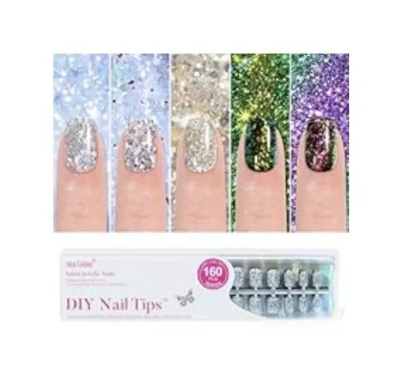 (5) 160 Short Square Holographic Glitter Fake Nails Silver Red Gold Green Purple