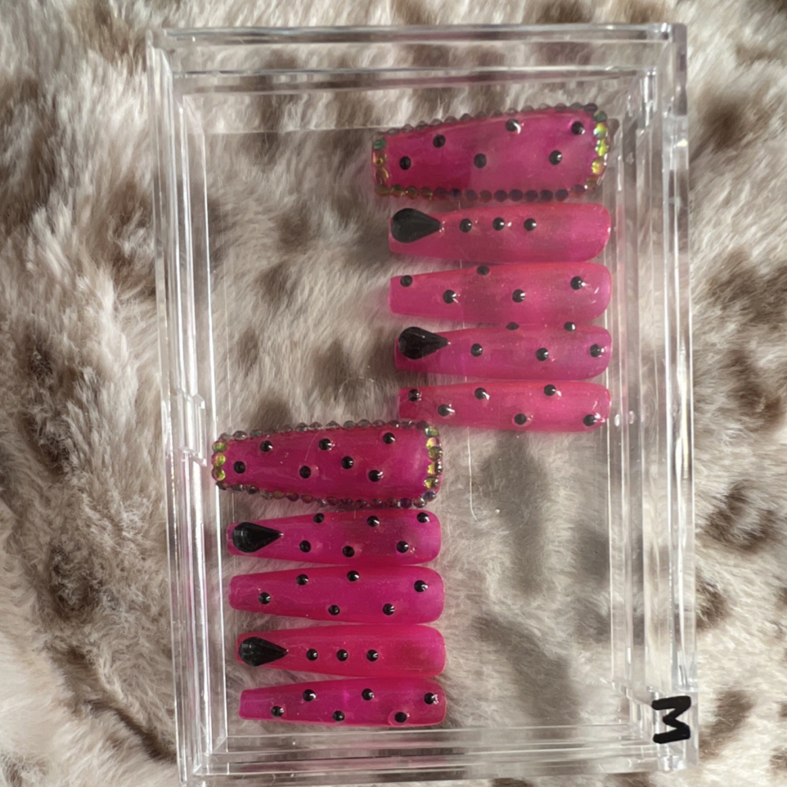 Handmade Press-On Nails Pink Black Shiny Coffin Long Full Cover Set- Medium