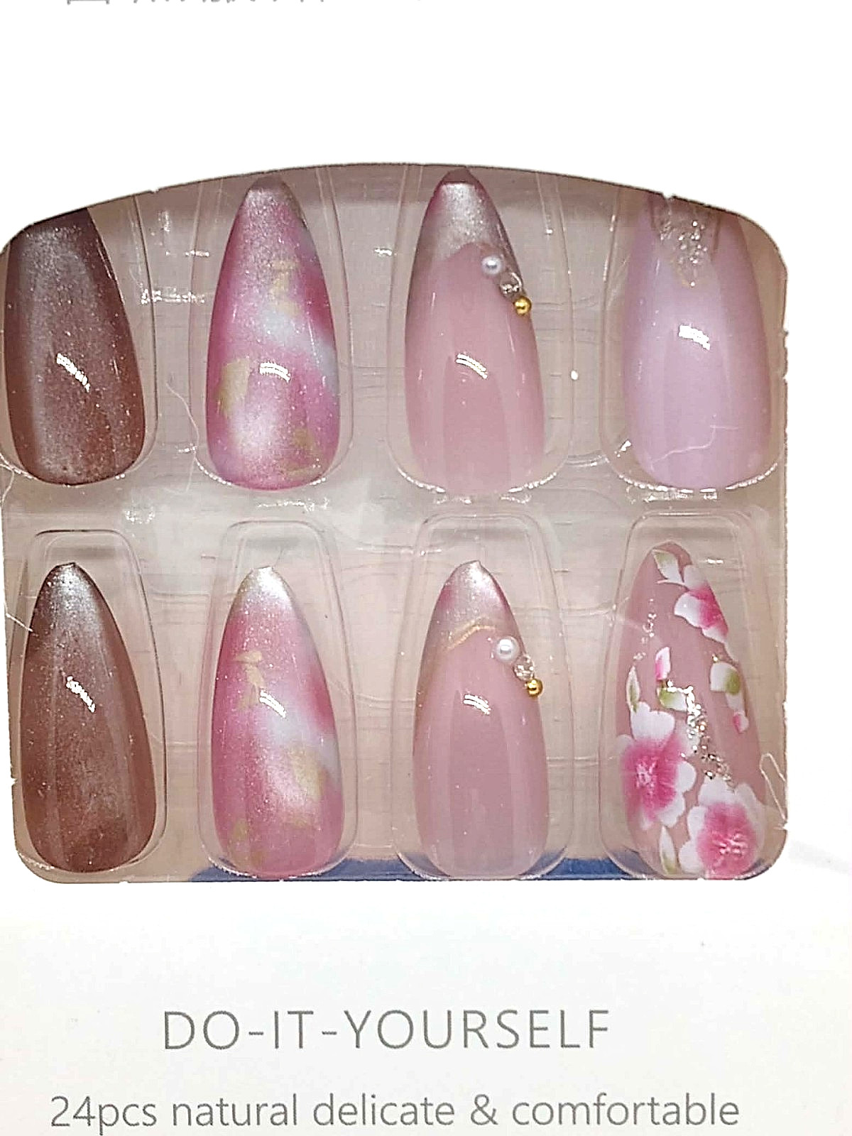 Press on Nails SIZE LARGE long multi pink almond cats eye floral DISCONTINUED