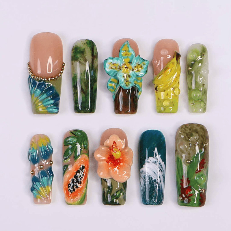 Tropical Fruit Handmade Press on Nails Banana Papaya Floral Wave Fake Nails
