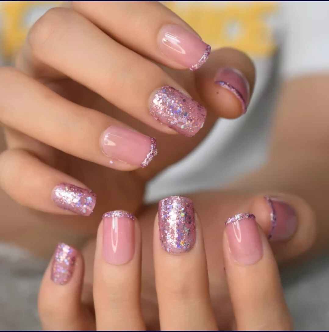 24 Short Press on nails kit w glue pink purple glitter