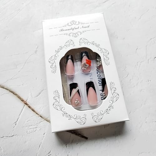 24 Pcs Press on Nails Medium Pink Nail Tips Medium Square 3D Alloy Nail Charms