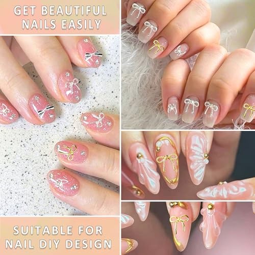 80Pcs 3D Metal Bow Nail Charms, 3D Bowknot for Nails, Cute Silver & Gold Alloy