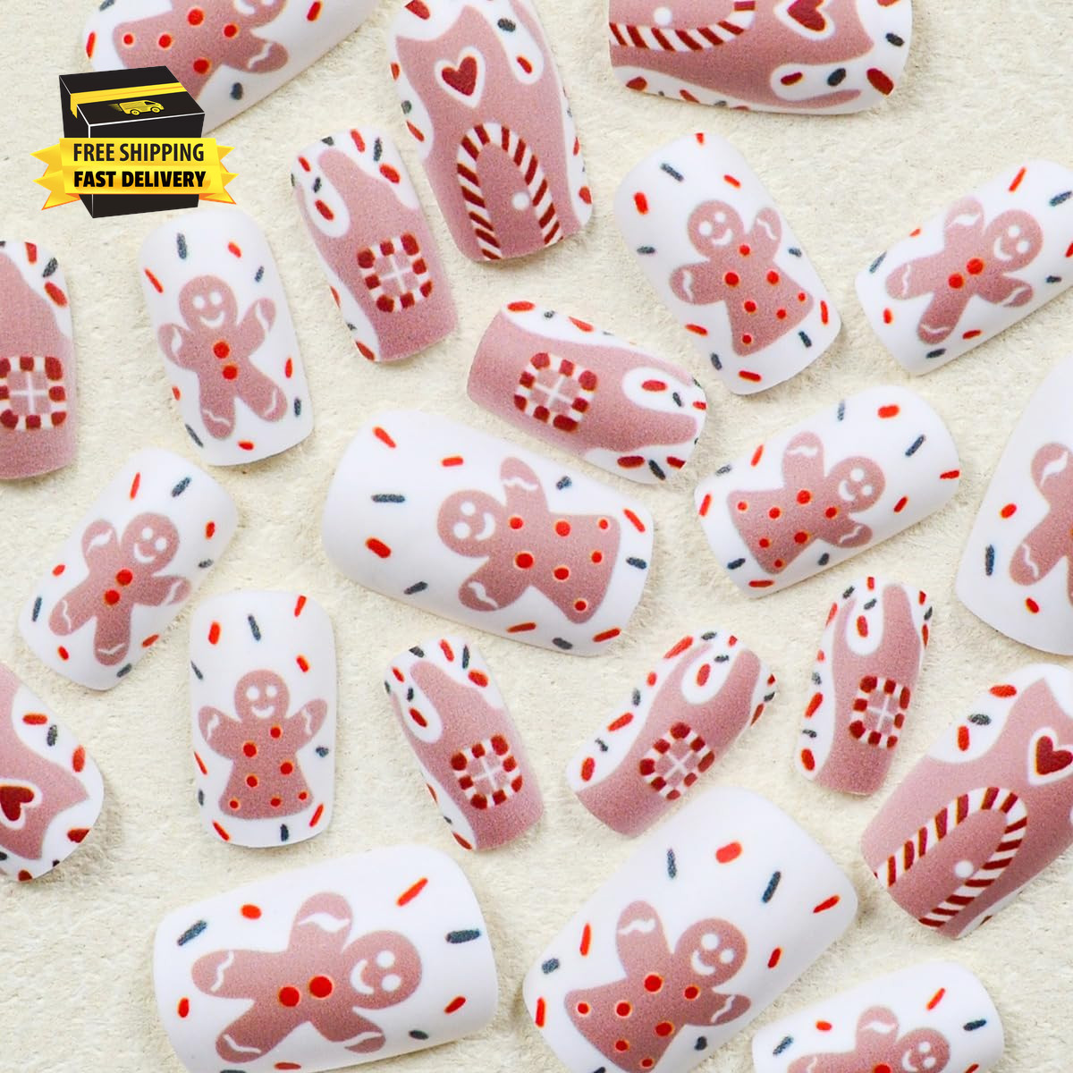 Christmas Gingerbread Man Press on Nails Short Square Fake Nails with Cute Candy