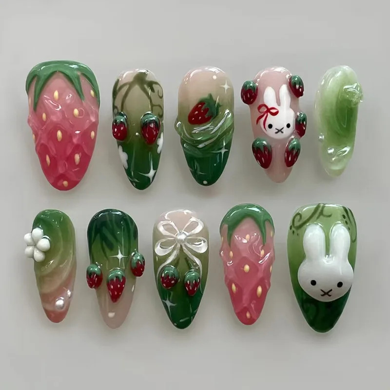 24Pcs Wearable False Nails 3D Flower Strawberry Green Gradient Pearl Mid-length