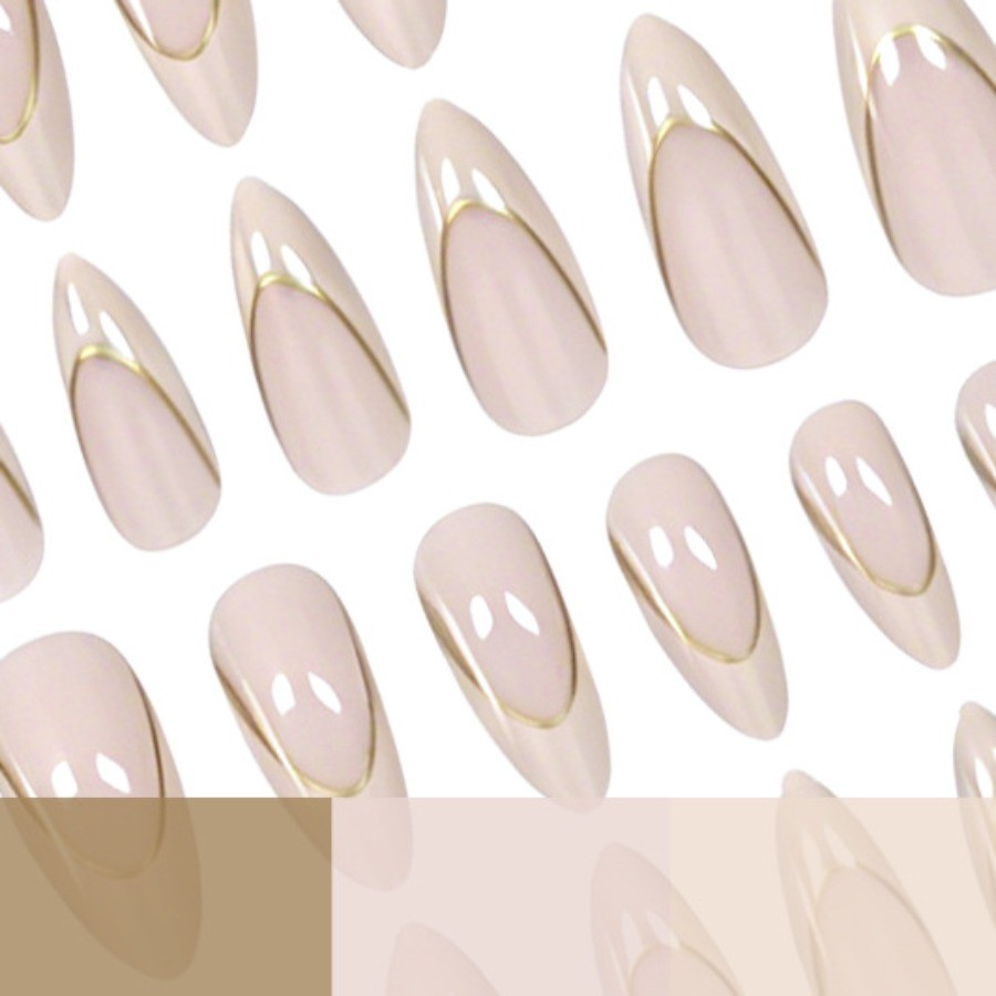 48Pcs-Long Almond Nude White French Thin Gold Line Fake Press on Nails Set