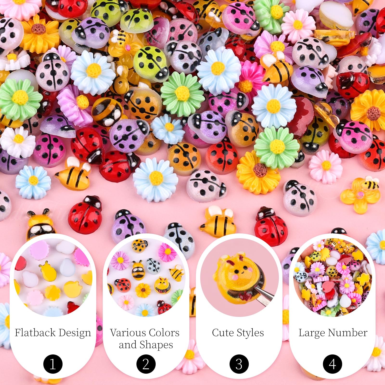 250Pcs Ladybug Nail Charms, Tiny Bee Nail Art Charms Resin Cartoon Daisy Flow…