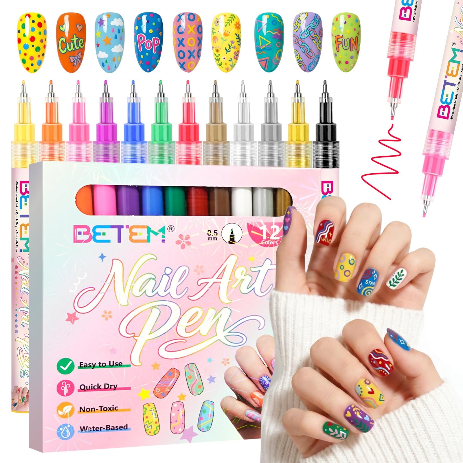 Nail Art Pens Set, Fine Tip 12 Colors Nails Art Markers Non-Toxic, Quick-dryi…