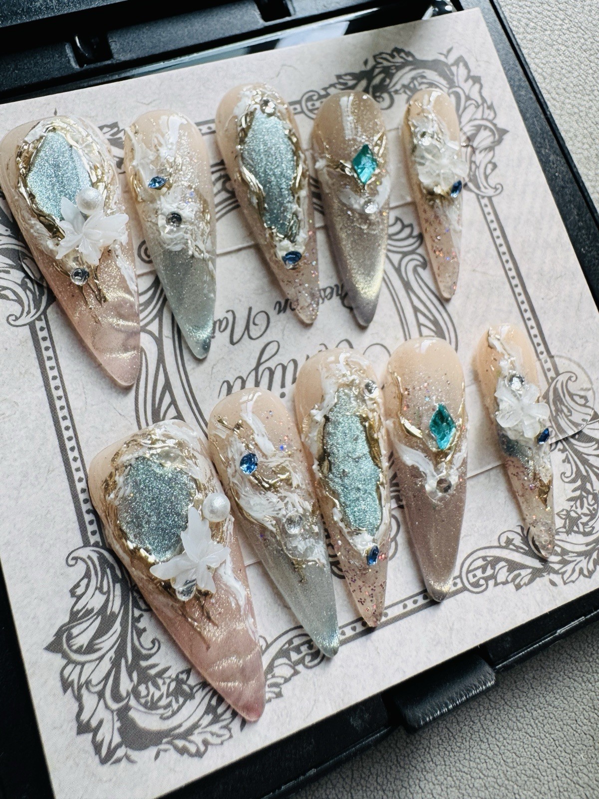 Press-On Nails Long Stiletto Nude/Gold/Silver Flowers 3D Glitter Full Cover