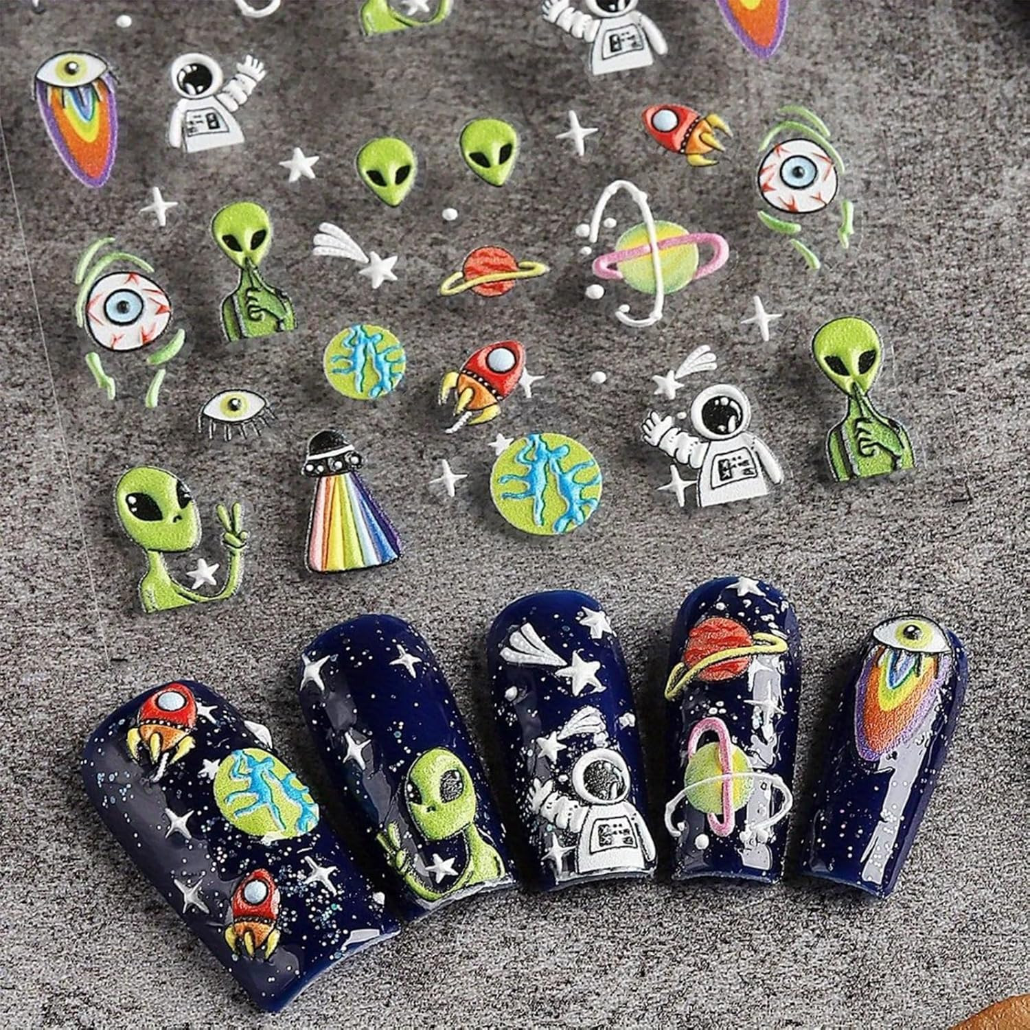 Embossed Alien Nail Art Stickers – 5D ET UFO Astronaut Rocket Design Self-Adhesi
