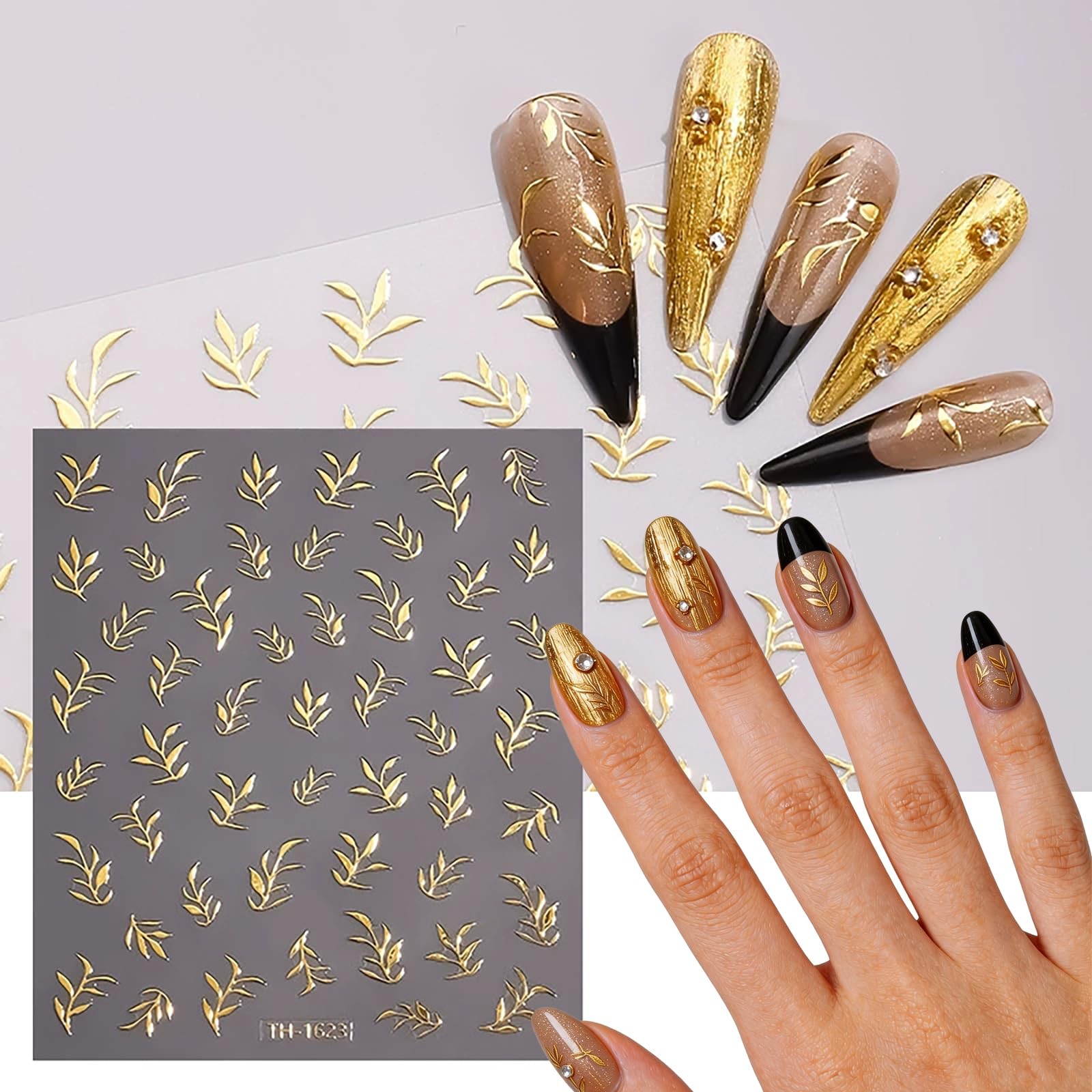 6 Sheets Gold Nail Stickers Set 3D Flower Leaf Butterfly Nail Art Stickers, -…