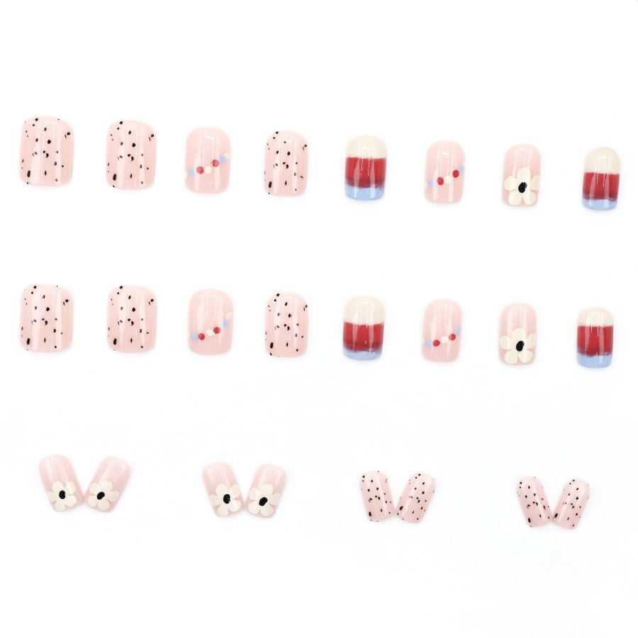 48pcs Short Oval Press on Nails, Nude Base Red White Floral Dot Casual Nails