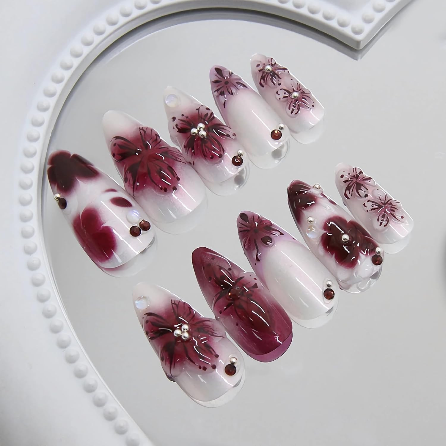 Press on Nails – Medium Almond Fake Nails with Purple Acrylic Handmade 3D Flower