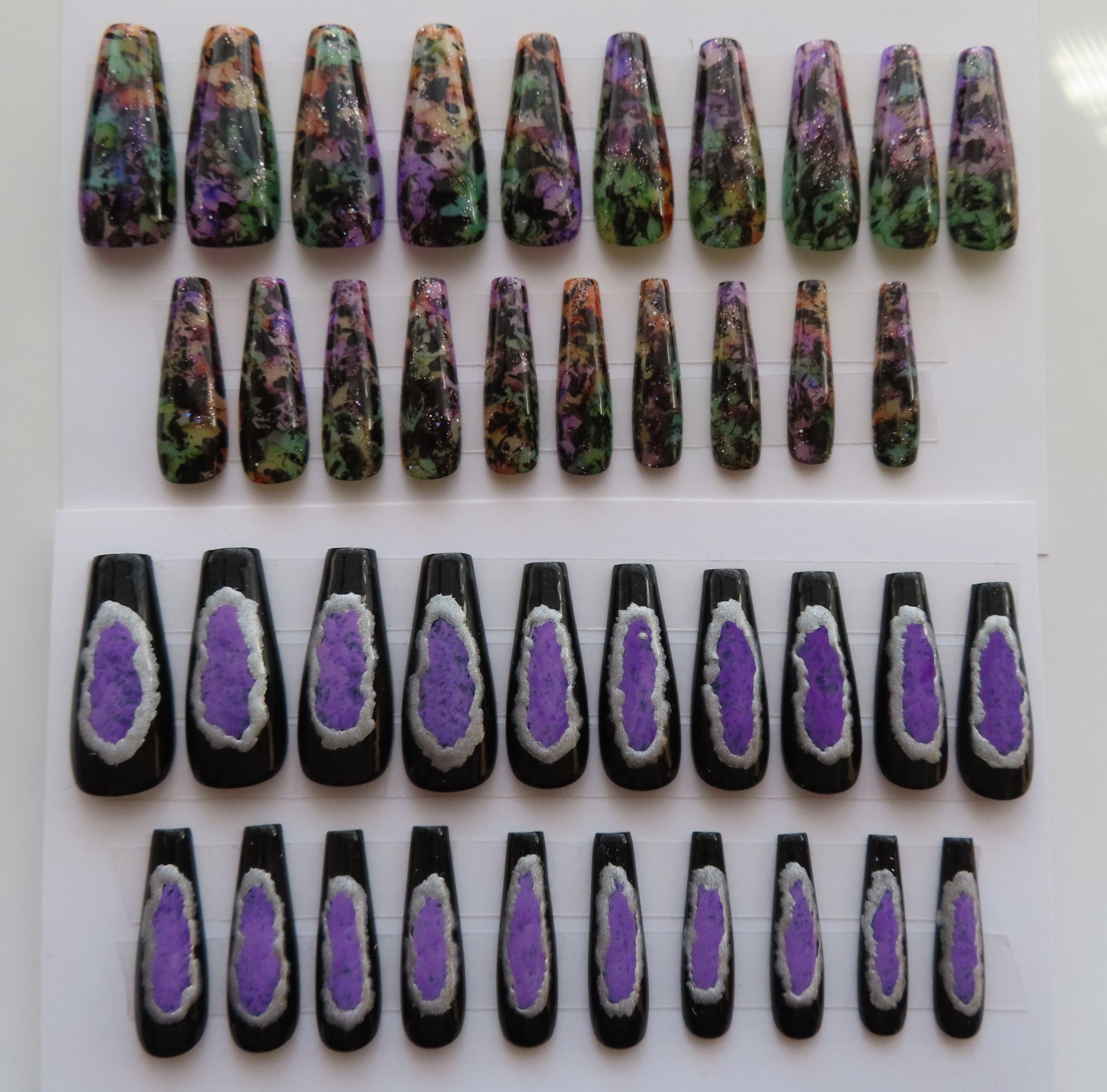 (2) Set Purple Black Silver Oval Chrome | Purple Green Ink Coffin Press-On Nail