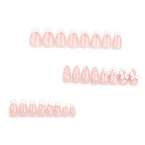 Almond White Press on Nails Short Medium French Tip Fake Pink White 3D Flower