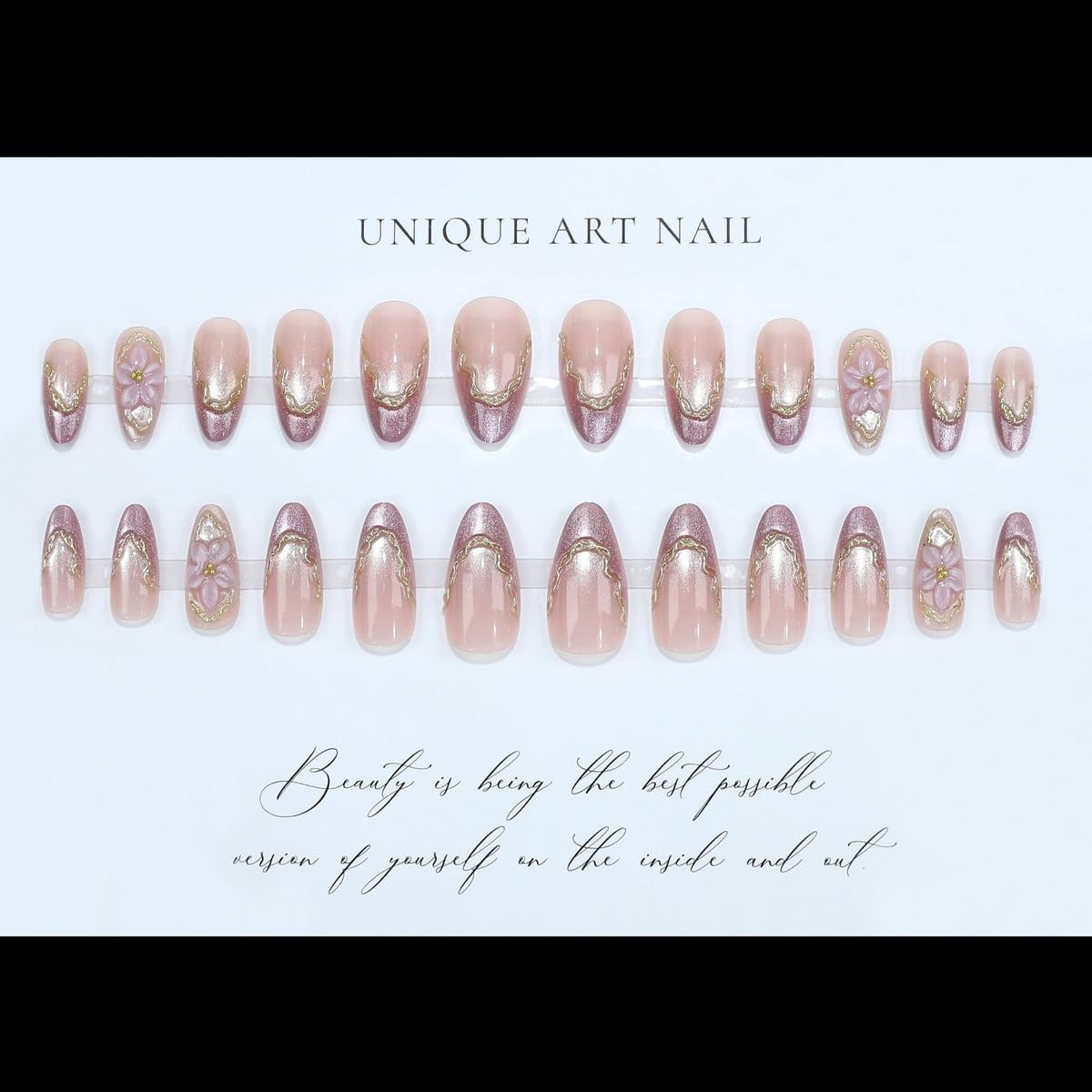 Purple Cat Eye French Tip Press on Nails Almond 3D Gold & Flowers | Medium Gloss
