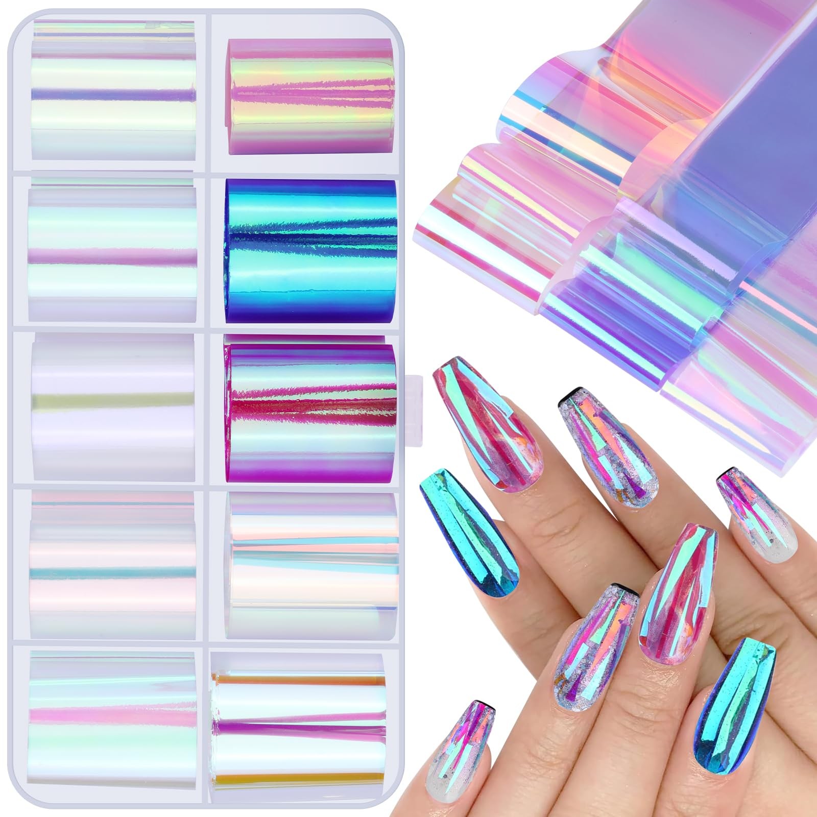 Aurora Glass Paper Nail Art Sticker 10 Sheets Gradient Laser Broken Glass Paper