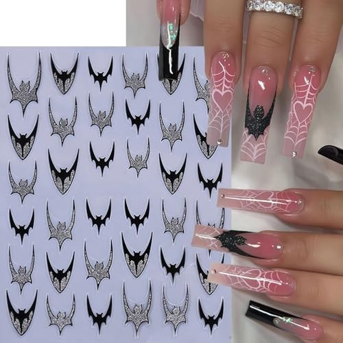 6Sheets Halloween Silver Glitter Bats Nail Stickers Halloween Nail black bat