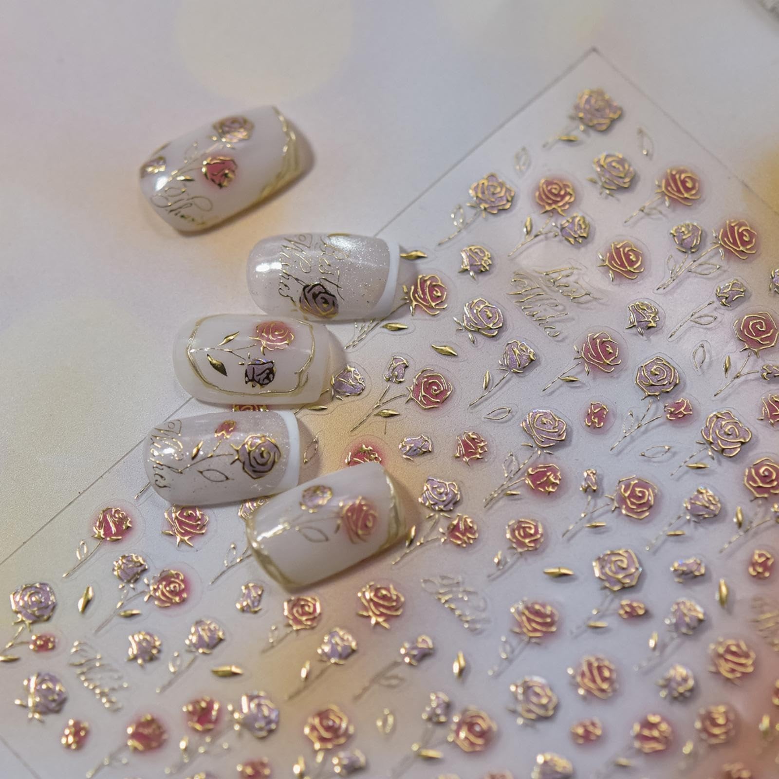 Flower Nail Stickers Rose Nail Art Decals with Gold Design 5D Embossed Self A…