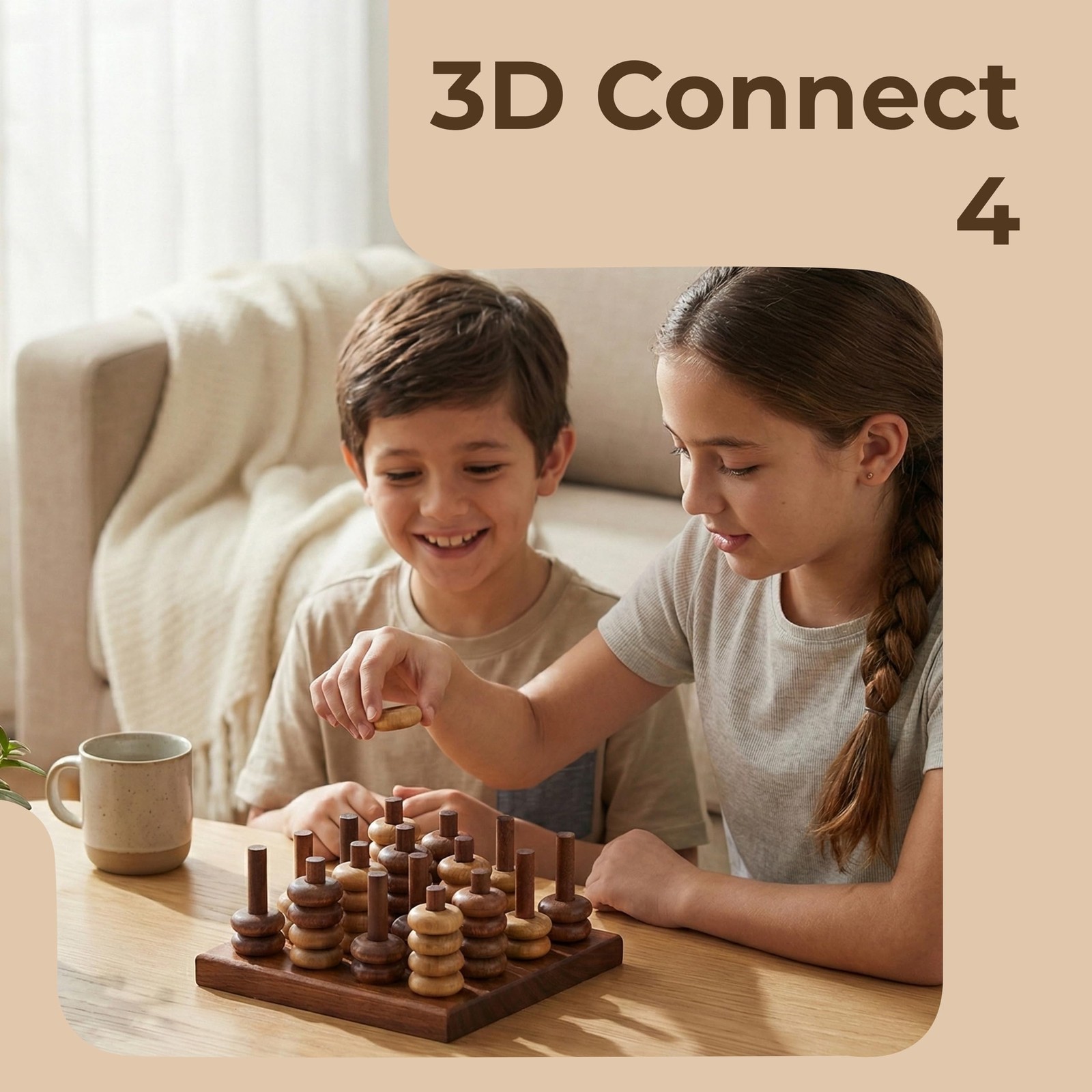 Ajuny 3D Connect Four in a Row Wooden Strategy Game 6 x 6 x 3.5 inch, Brown
